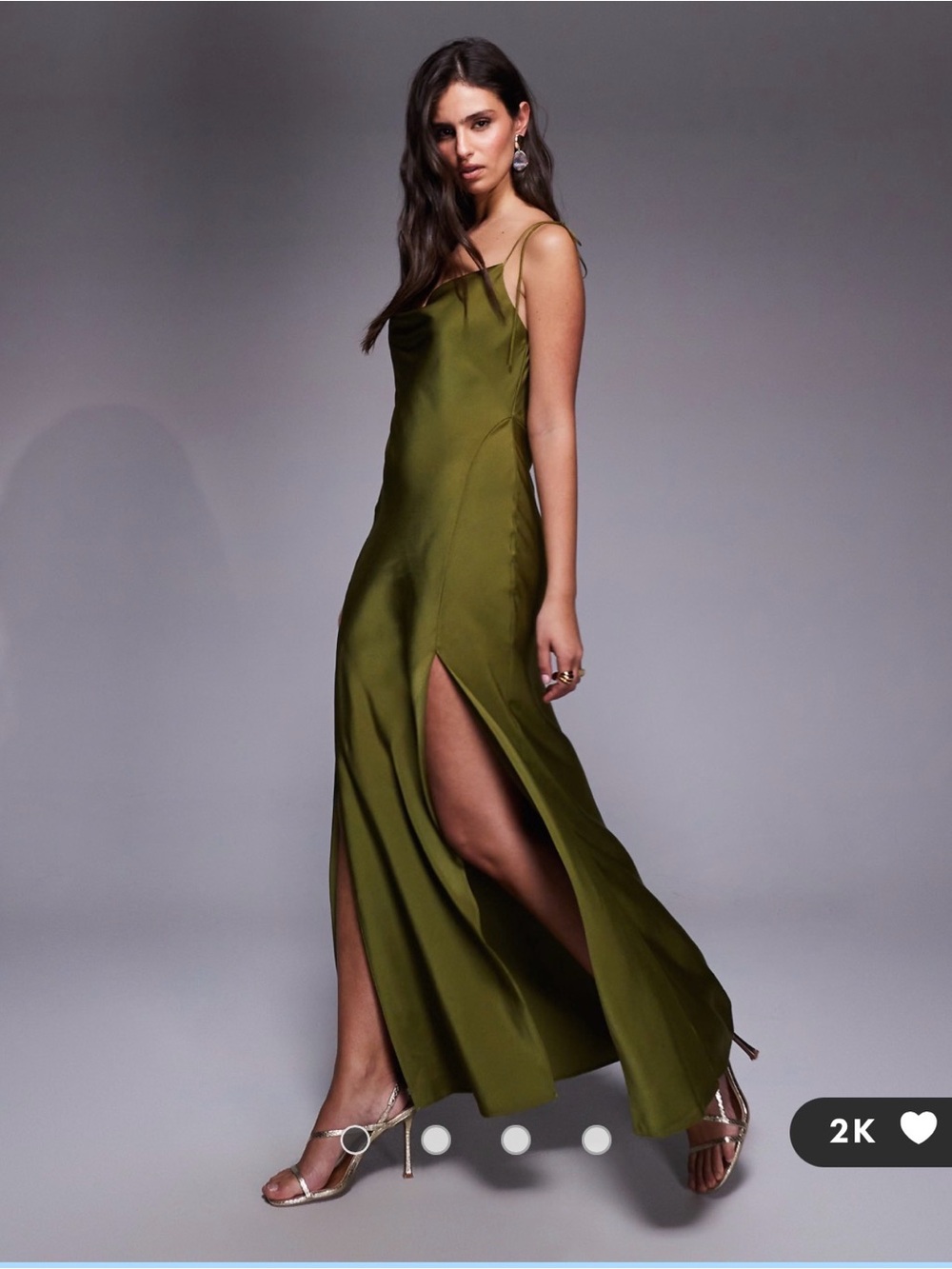ASOS DESIGN satin tie strap maxi dress with split detail in olive green